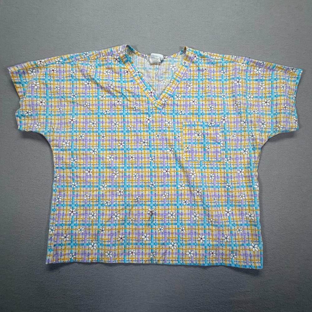 Simply Basic Scrub Top Womens XL Good Multi Plaid Daisy Floral‎ V-Neck Pocket